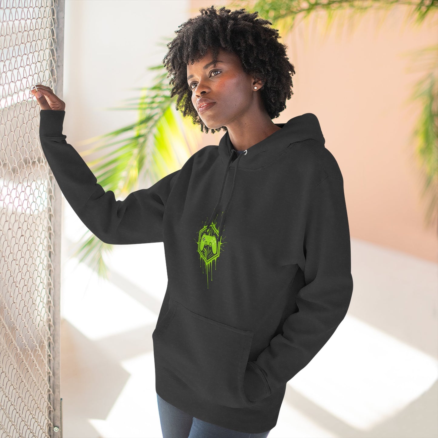 Gaming Hoodie, Green Controller Three-Panel Fleece, Video Game Sweatshirt, Gamer Gift, Gaming Apparel, Geek Clothing