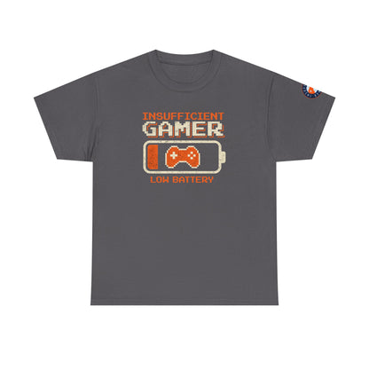 Gamer Low Battery T‑Shirt — "Insufficient Gamer, Low Battery" Retro Video Game Tee