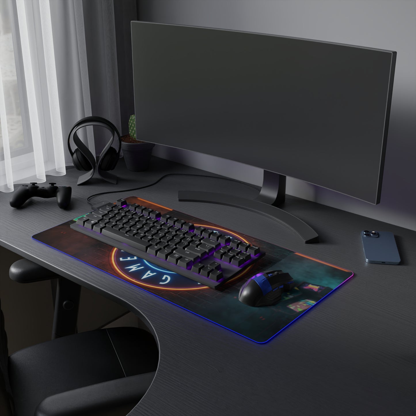 LED Gaming Mouse Pad — ‘Insufficient Gamer’ Neon Arcade RGB Desk Mat
