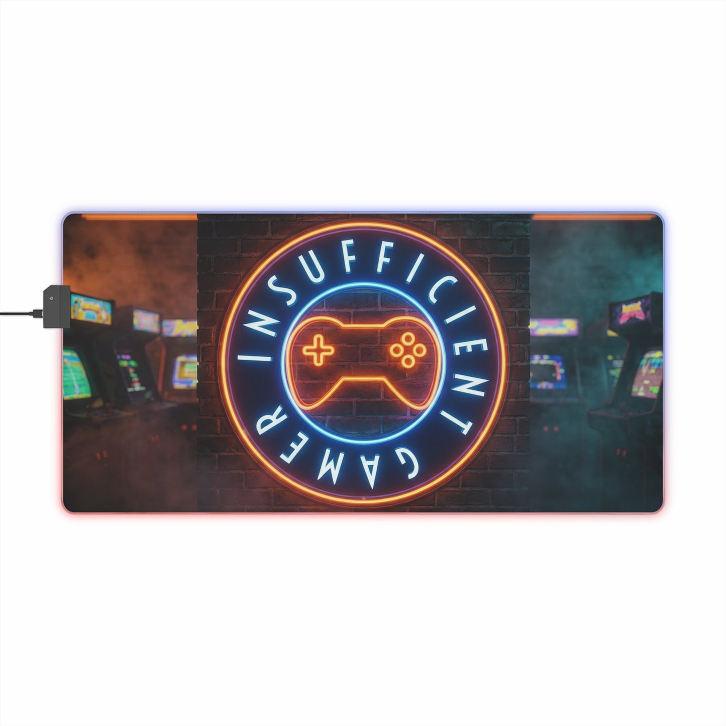 LED Gaming Mouse Pad — ‘Insufficient Gamer’ Neon Arcade RGB Desk Mat
