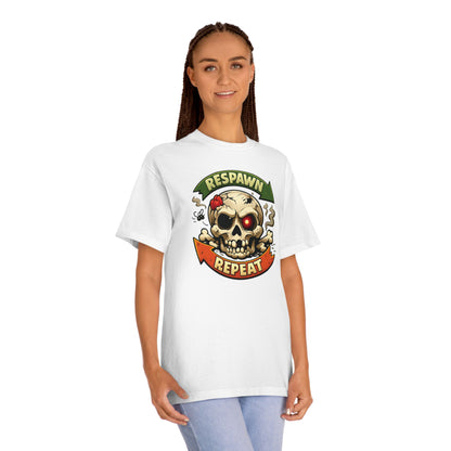 Respawn Repeat Skull Tee | Gaming Skull Design, Retro Banner