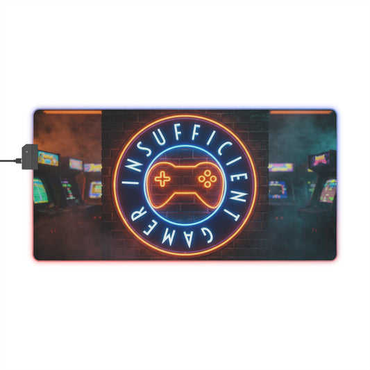 LED Gaming Mouse Pad — ‘Insufficient Gamer’ Neon Arcade RGB Desk Mat