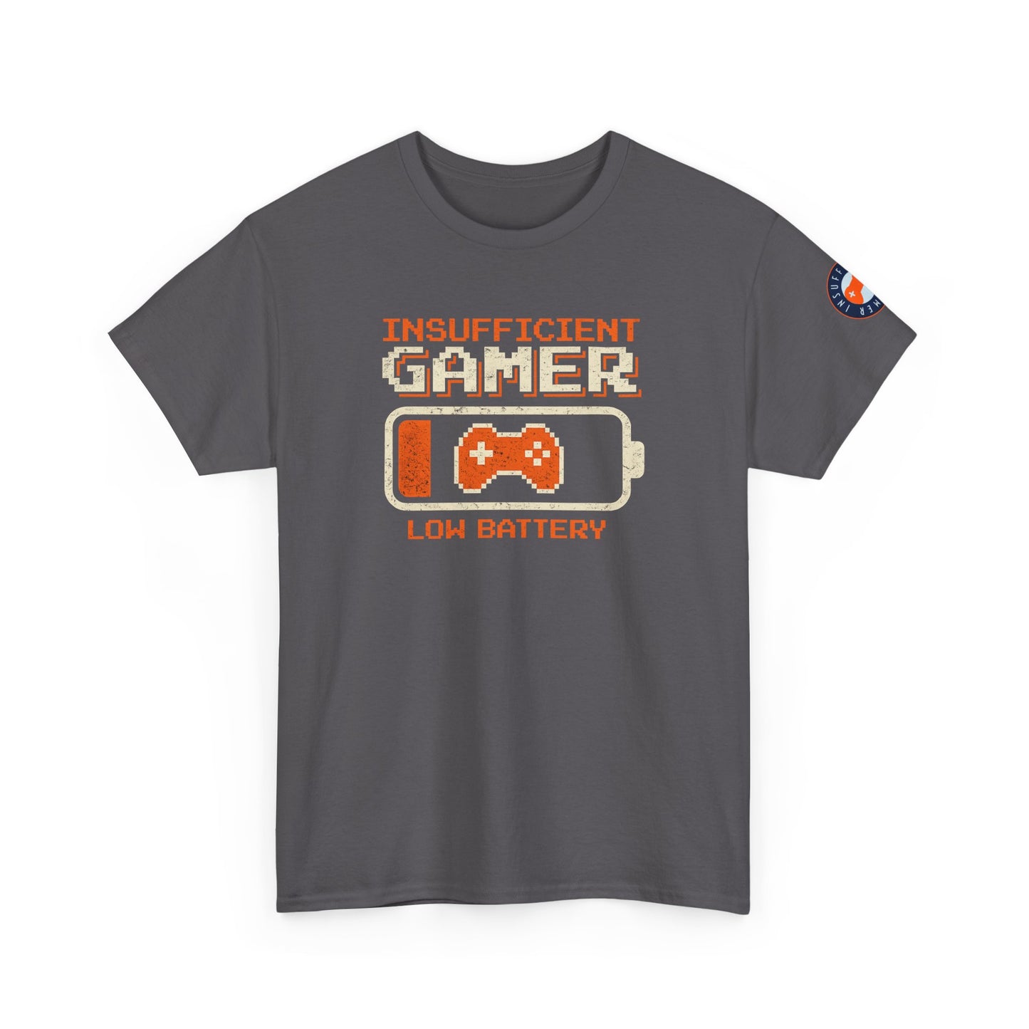 Gamer Low Battery T‑Shirt — "Insufficient Gamer, Low Battery" Retro Video Game Tee