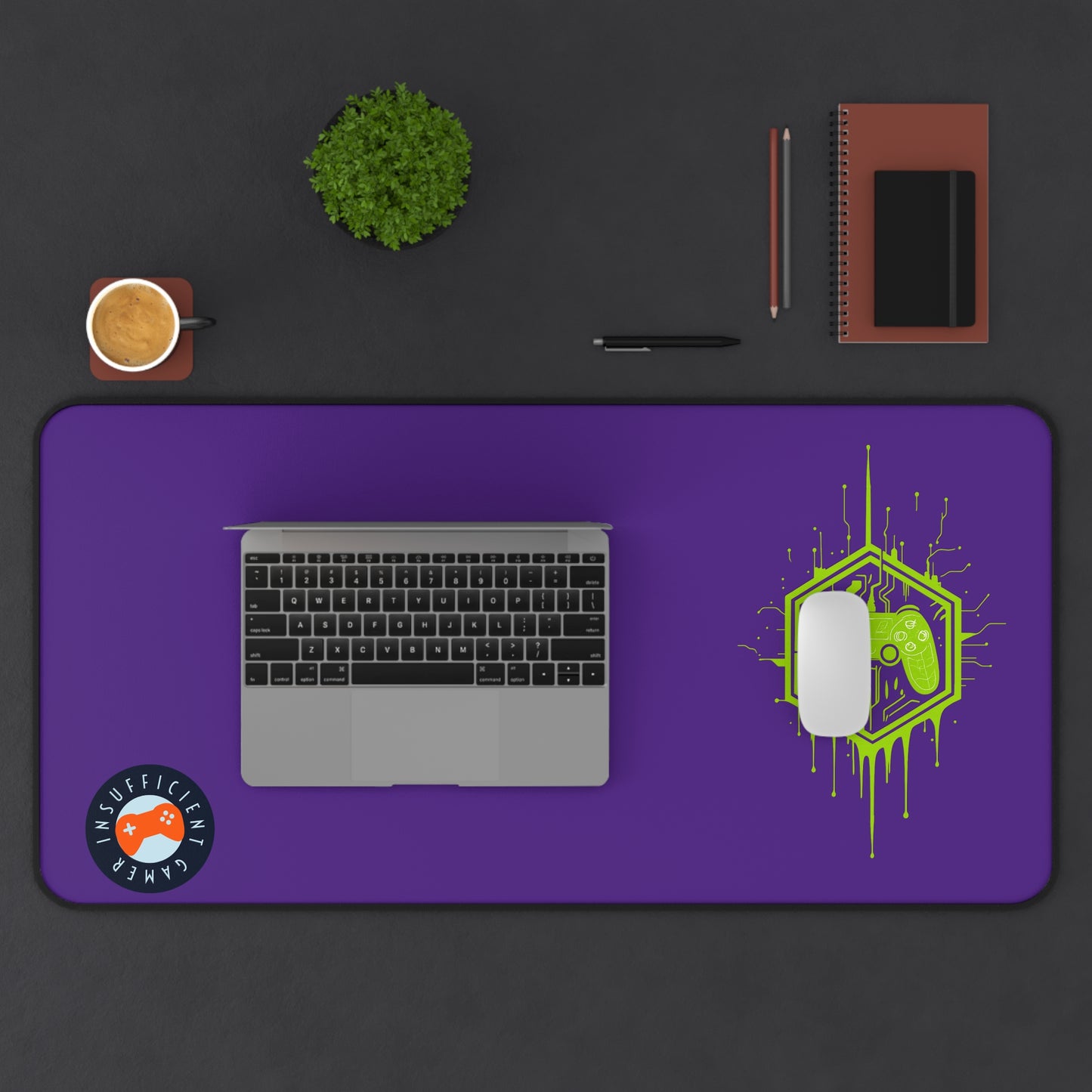 Insufficient Gamer Desk Mat with Controller Design | Eco-Friendly Gaming Mat, Mouse Pad for Home Office, Desktop, Purple
